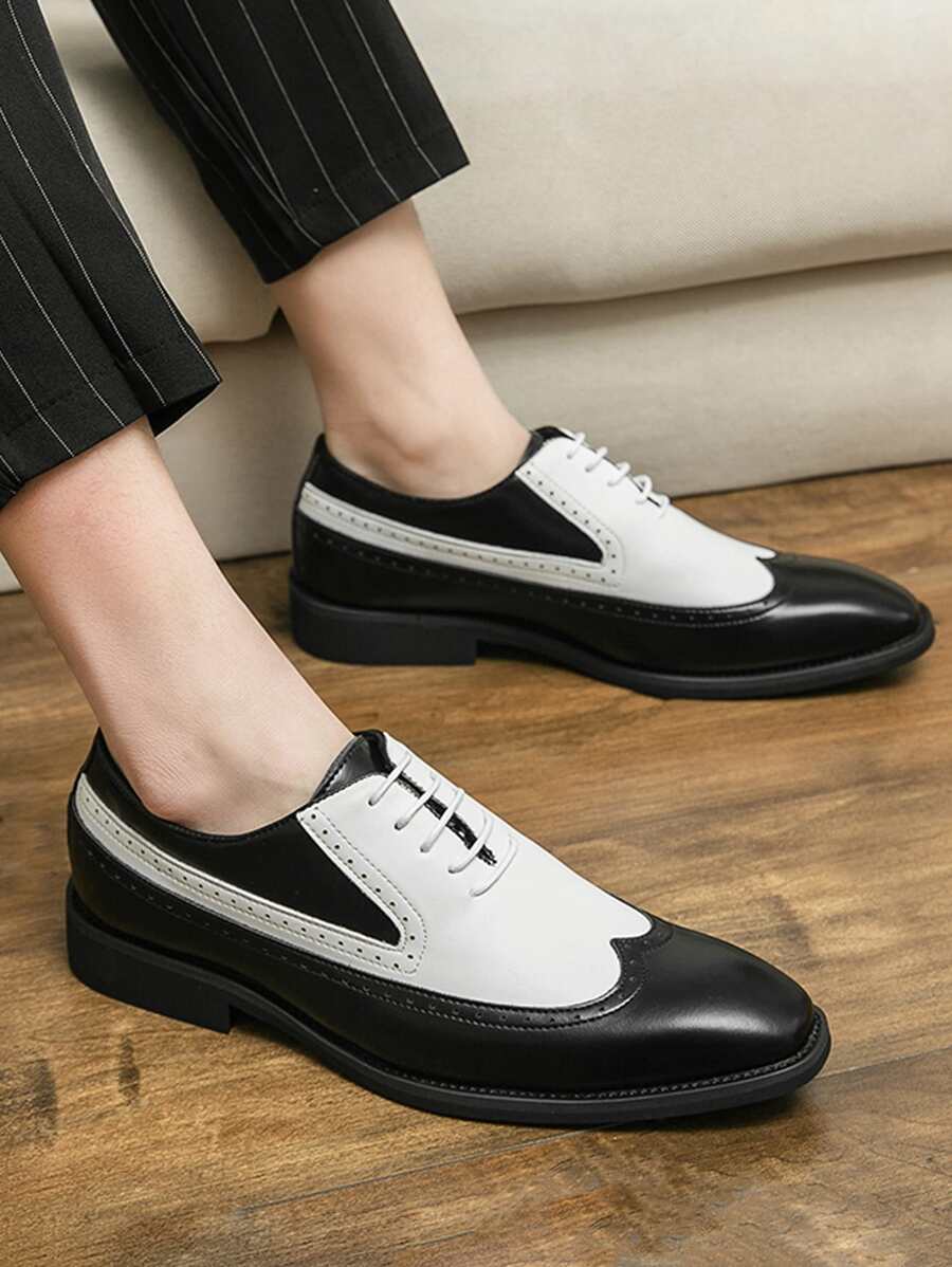 男士翼尖設計雙色圓頭男士正裝鞋時尚牛津鞋 - 黑與白 - 查看 1