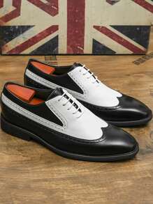 男士翼尖設計雙色圓頭男士正裝鞋時尚牛津鞋 - 黑與白 - 查看 2