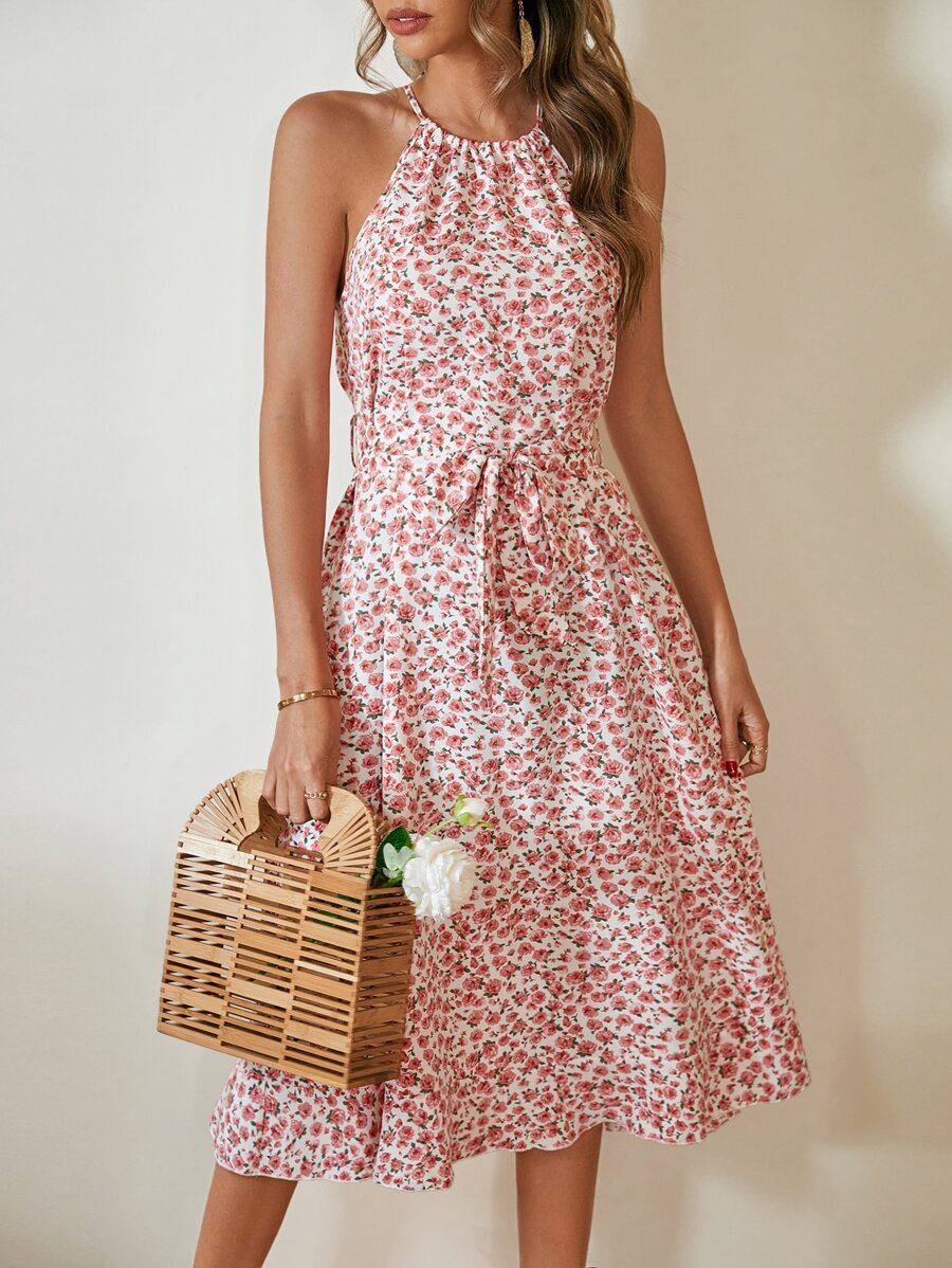 SHEIN VCAY Ditsy Floral Belted Halter Dress - Red - View 1