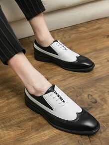 男士翼尖設計雙色圓頭男士正裝鞋時尚牛津鞋 - 黑與白 - 查看 3