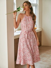 SHEIN VCAY Ditsy Floral Belted Halter Dress - Red - View 5