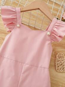 SHEIN Jumpsuit bé gái Xù Viên lá sen màu trơn Dễ thương - Màu Hồng baby - Xem 4