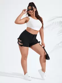 SHEIN 大碼帶扣細節鏤空毛邊牛仔短褲 - 黑色 - 查看 10