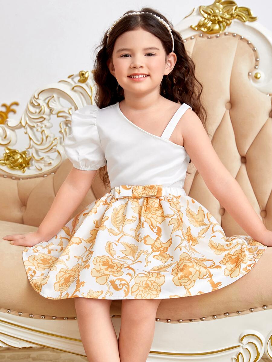 SHEIN Leap Crew Toddler Girls Asymmetrical Neck Puff Sleeve Top & Floral Print Skirt - Multicolor - View 1