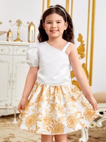 SHEIN Leap Crew Toddler Girls Asymmetrical Neck Puff Sleeve Top & Floral Print Skirt - Multicolor - View 3