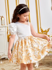 SHEIN Leap Crew Toddler Girls Asymmetrical Neck Puff Sleeve Top & Floral Print Skirt - Multicolor - View 4