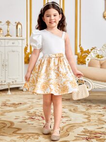 SHEIN Leap Crew Toddler Girls Asymmetrical Neck Puff Sleeve Top & Floral Print Skirt - Multicolor - View 5