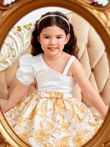 SHEIN Leap Crew Toddler Girls Asymmetrical Neck Puff Sleeve Top & Floral Print Skirt - Multicolor - View 6