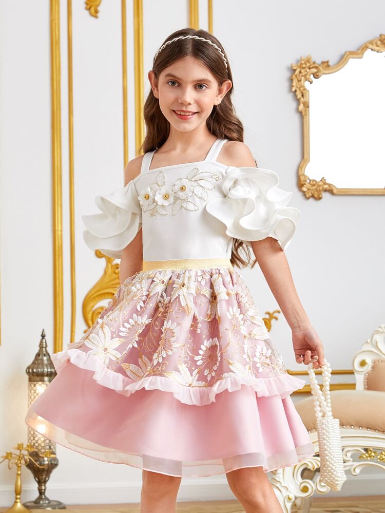 Girls 1pc Floral Embroidery Ruffle Trim Organza Skirt