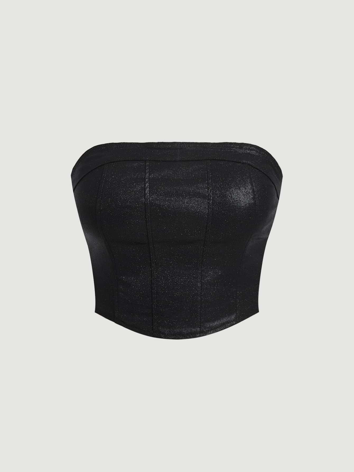 SHEIN ICON Plus Size Summer Solid Color Zipper Back Slim Fit Tube Top - Black - View 1