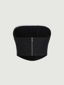 SHEIN ICON Plus Size Summer Solid Color Zipper Back Slim Fit Tube Top - Black - View 2