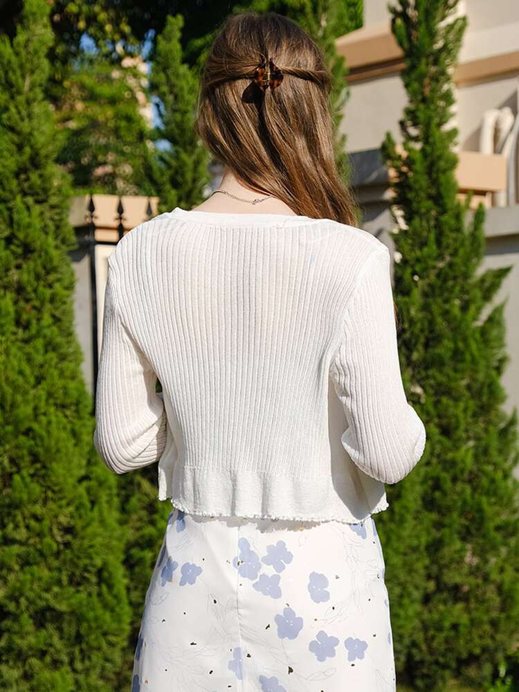 Rib Knit Lettuce Trim Cardigan Vacation Spring White