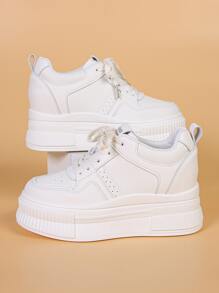 Women's Platform Wedge Sneakers, Fashionable Versatile Women's Casual Shoes, Lace-Up Elevator Shoes - Beige - View 4