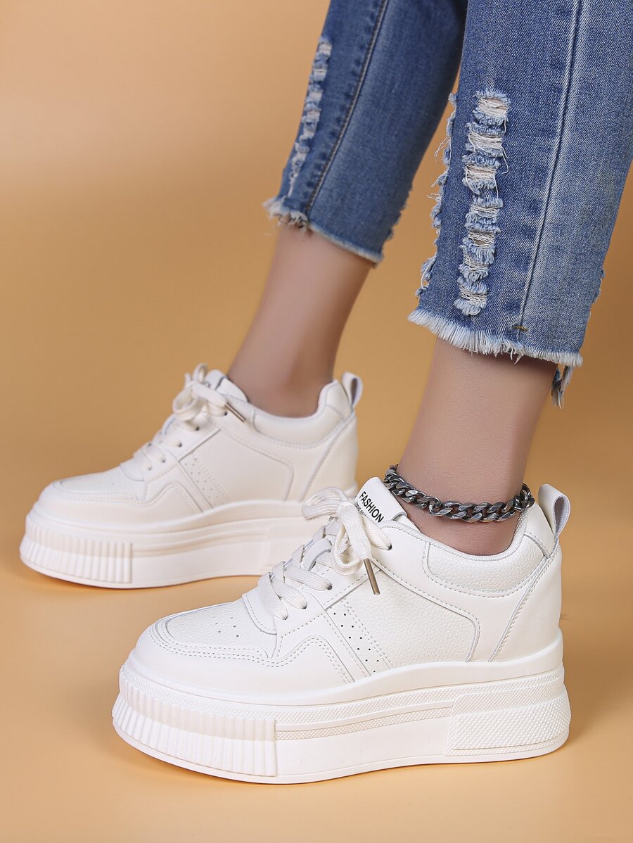 Women's Platform Wedge Sneakers, Fashionable Versatile Women's Casual Shoes, Lace-Up Elevator Shoes - Beige - View 1
