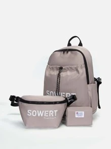 3pcs Men Letter Graphic Casual Daypack Set With pen bag Bookbag Set College Bag Set High School Students Graduate Students University Freshman Sophomore for Commute, Outdoors, Hiking Travel - Dusty Pink - View 1