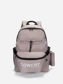 3pcs Men Letter Graphic Casual Daypack Set With pen bag Bookbag Set College Bag Set High School Students Graduate Students University Freshman Sophomore for Commute, Outdoors, Hiking Travel - Dusty Pink - View 2