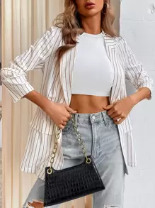 SHEIN Essnce 條紋印花西裝領西裝外套 - 杏色 - 查看 1