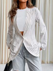 SHEIN Essnce 條紋印花西裝領西裝外套 - 杏色 - 查看 6