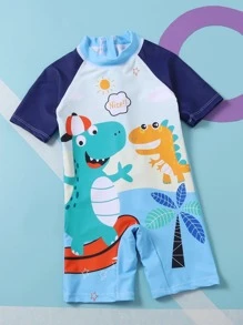 Young Boy Cartoon Graphic One Piece Swimsuit - Multicolor - View 1