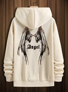 Manfinity Men Letter & Wings Print Drawstring Thermal Lined Hoodie - Khaki - View 4
