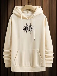 Manfinity Men Letter & Wings Print Drawstring Thermal Lined Hoodie - Khaki - View 2