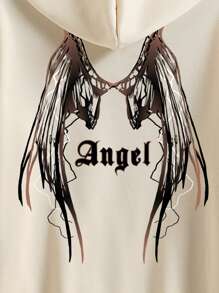 Manfinity Men Letter & Wings Print Drawstring Thermal Lined Hoodie - Khaki - View 6