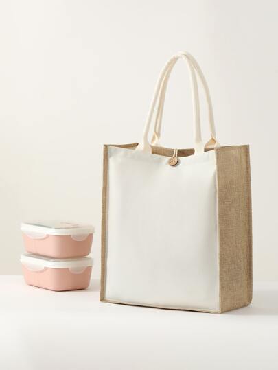 حقيبة غداء ذات لونين، حقيبة غداء مزينة بأزرار قماشية بسيطة للاستخدام في الخارج أثناء الإجازات