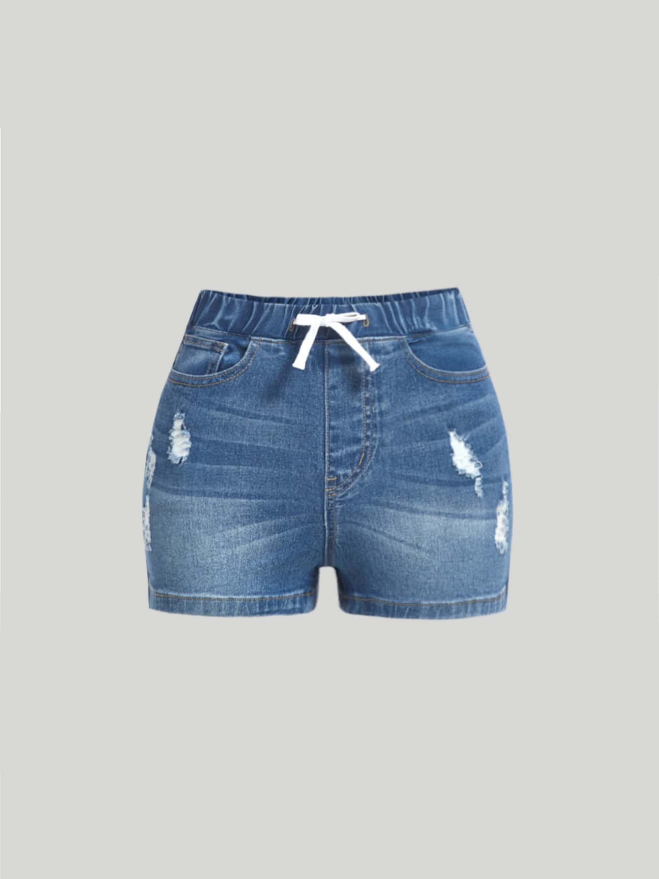 SHEIN Teen Girls Drawstring Waist Ripped Denim Shorts - Medium Wash - View 1