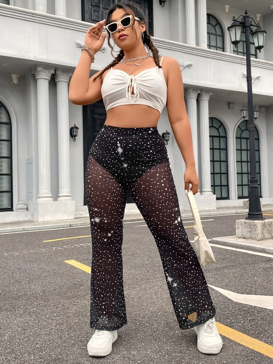 SHEIN ICON Plus Allover Print Sheer Flare Leg Trousers - Black and White - View 1