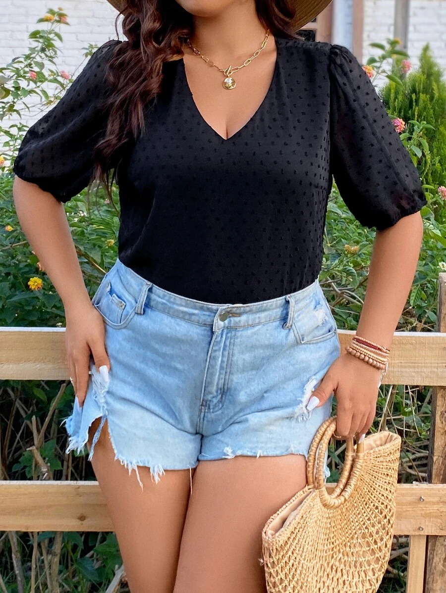 SHEIN Holidaya Plus Swiss Dot Puff Sleeve Blouse - Black - View 1