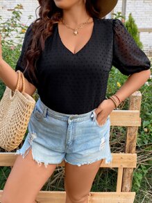 SHEIN Holidaya Plus Swiss Dot Puff Sleeve Blouse - Black - View 3