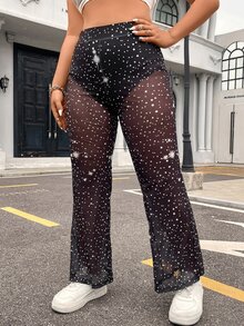 SHEIN ICON Plus Allover Print Sheer Flare Leg Trousers - Black and White - View 3