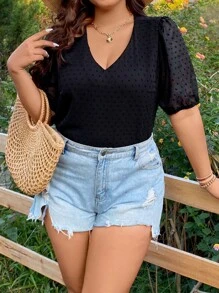 SHEIN Holidaya Plus Swiss Dot Puff Sleeve Blouse - Black - View 5