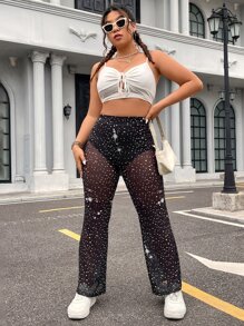 SHEIN ICON Plus Allover Print Sheer Flare Leg Trousers - Black and White - View 5