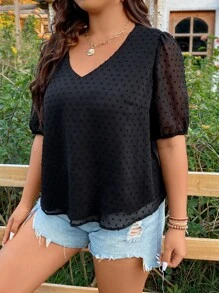 SHEIN Holidaya Plus Swiss Dot Puff Sleeve Blouse - Black - View 6