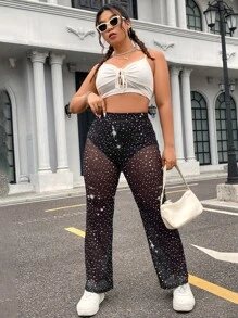 SHEIN ICON Plus Allover Print Sheer Flare Leg Trousers - Black and White - View 6