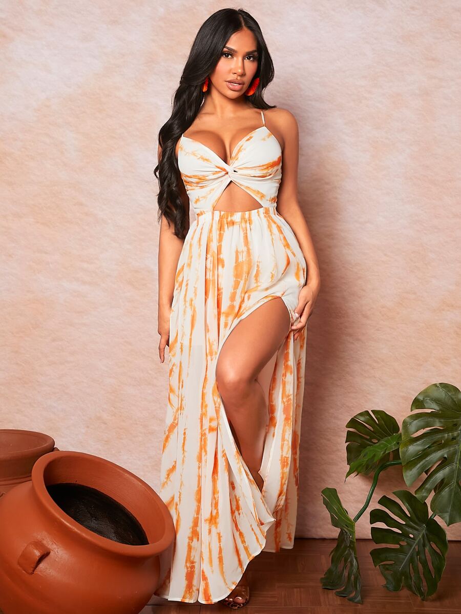 SHEIN SXY 紮染前扭結鏤空高衩吊帶連衣裙 - 彩色 - 查看 1