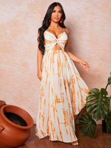 SHEIN SXY 紮染前扭結鏤空高衩吊帶連衣裙 - 彩色 - 查看 3