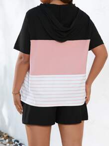 SHEIN LUNE 大碼條紋印花撞色抽繩連帽T恤和短褲 - 彩色 - 查看 2