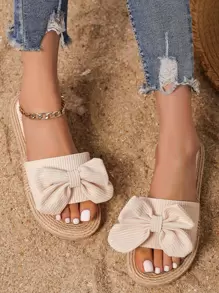 Women's 2026 Spring/Summer New Fashion Elegant Classic Outdoor Non-Slip Wear-Resistant Bow Peep Toe Slippers, Women's Beach Vacation Casual Slippers - Beige - View 3