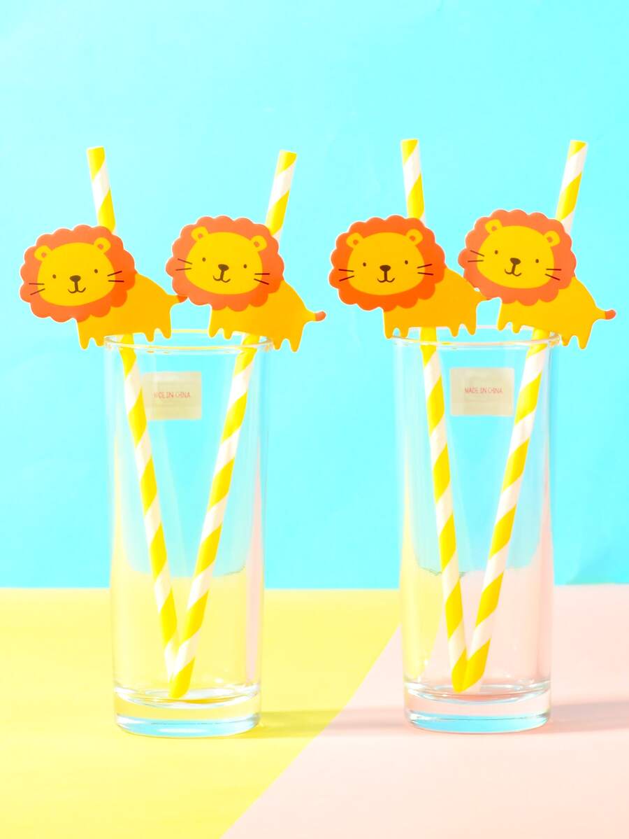 4pcs/set Paper Disposable Straw, Cute Cartoon Lion Decor Disposable Drinking Straw For Party - Multicolor - View 1