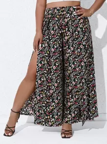 SHEIN VCAY Plus Ditsy Floral Print Split Thigh Wide Leg Trousers - Multicolor - View 1