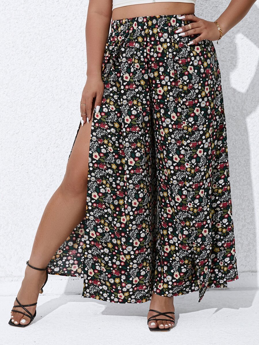 SHEIN VCAY Plus Ditsy Floral Print Split Thigh Wide Leg Trousers - Multicolor - View 1