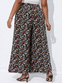 SHEIN VCAY Plus Ditsy Floral Print Split Thigh Wide Leg Trousers - Multicolor - View 2