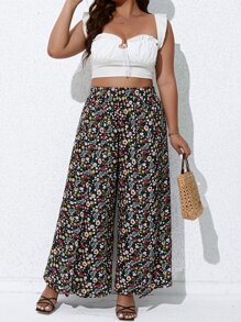 SHEIN VCAY Plus Ditsy Floral Print Split Thigh Wide Leg Trousers - Multicolor - View 4