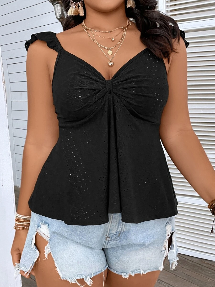 SHEIN Holidaya Plus Eyelet Embroidery Ruched Bust Ruffle Trim Peplum Top - Black - View 1