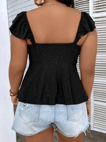 SHEIN Holidaya Plus Eyelet Embroidery Ruched Bust Ruffle Trim Peplum Top - Black - View 2