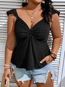 SHEIN Holidaya Plus Eyelet Embroidery Ruched Bust Ruffle Trim Peplum Top - Black - View 3