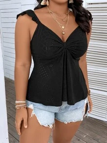 SHEIN Holidaya Plus Eyelet Embroidery Ruched Bust Ruffle Trim Peplum Top - Black - View 6