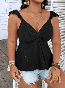 SHEIN Holidaya Plus Eyelet Embroidery Ruched Bust Ruffle Trim Peplum Top - Black - View 7